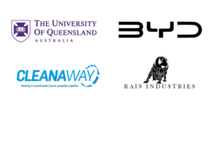 UQ, BYD, Cleanaway and RAIS Industries logos